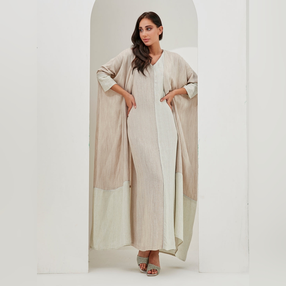 Linen Cotton Silver Glitter Three Piece Abaya Set